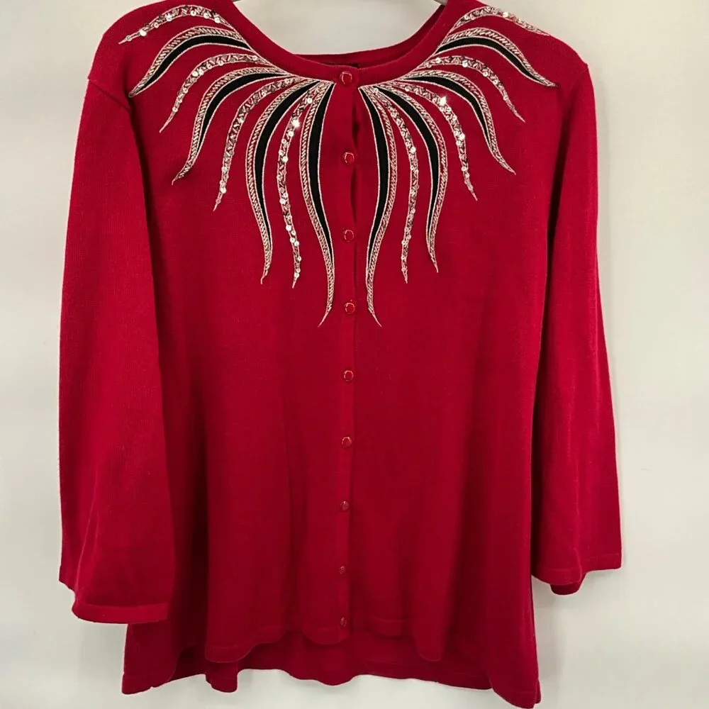 Bob Mackie Wearable Art XL Red‎ Cardigan Sweater A92676